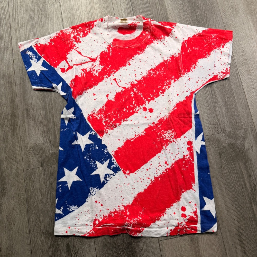 VTG 80s Screen Stars American Flag AOP T-Shirt L Paint Splatter Single stitch